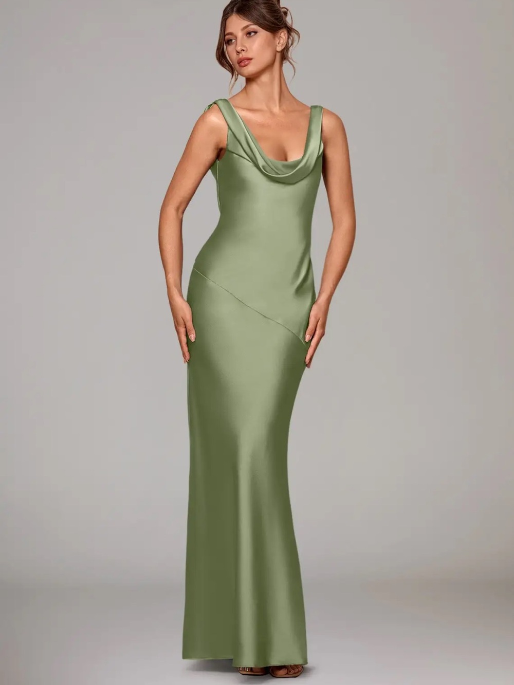 Azazie rylina stretch Satin Cowl Neck Maxi Dress in pistachio